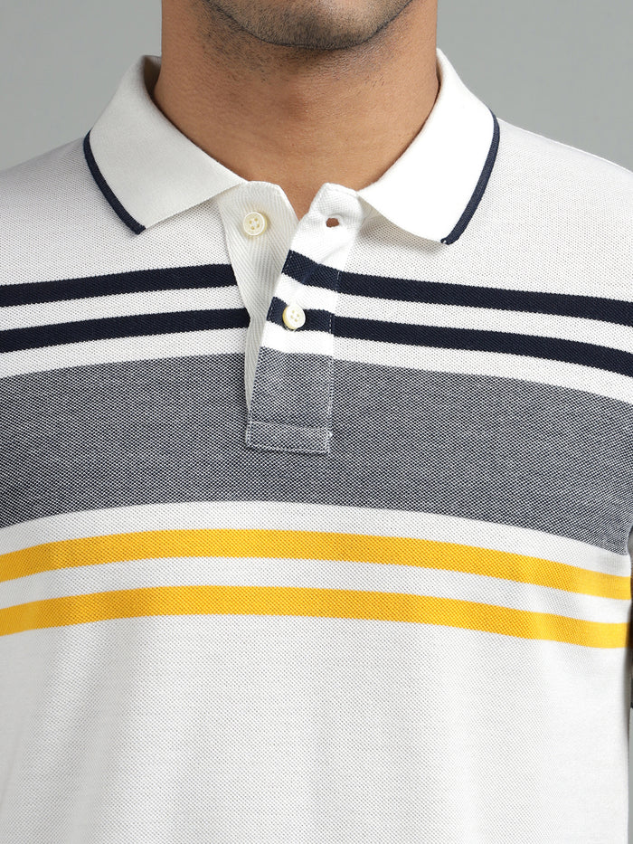 Men White Regular Fit Striped Polo T-Shirt