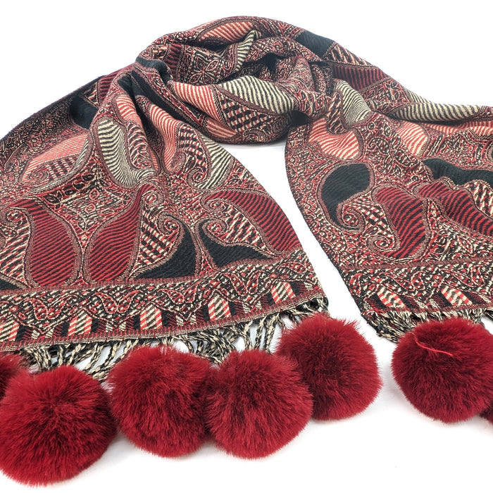 Mezdra - Vivid PomPom Pashmina (100% Viscose - 65x180cm) - Ruby Red