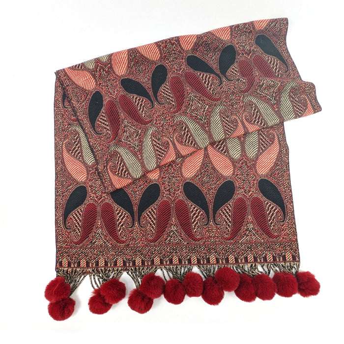 Mezdra - Vivid PomPom Pashmina (100% Viscose - 65x180cm) - Ruby Red