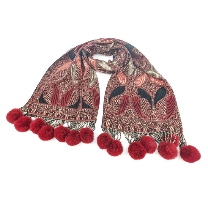 Mezdra - Vivid PomPom Pashmina (100% Viscose - 65x180cm) - Ruby Red