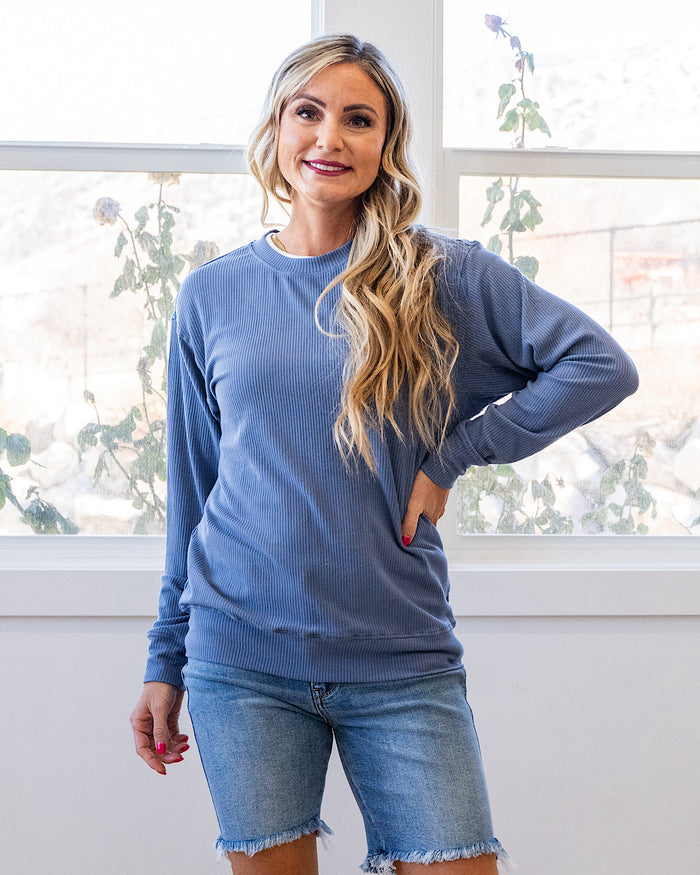 Mia Ribbed Crewneck Top - Denim Michelle Mae