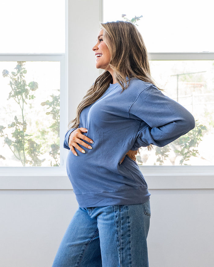 Mia Ribbed Crewneck Top - Denim Michelle Mae
