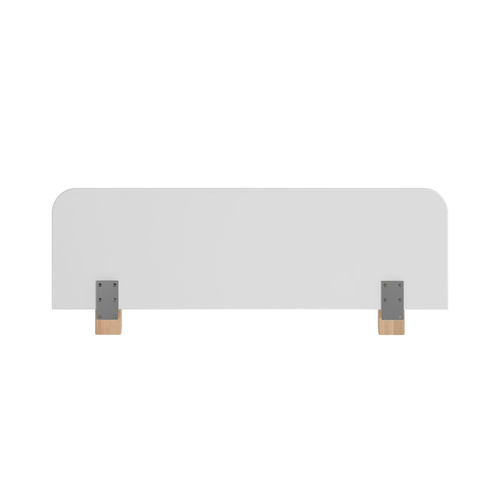 White modern headboard panel with metal accents and wooden base.