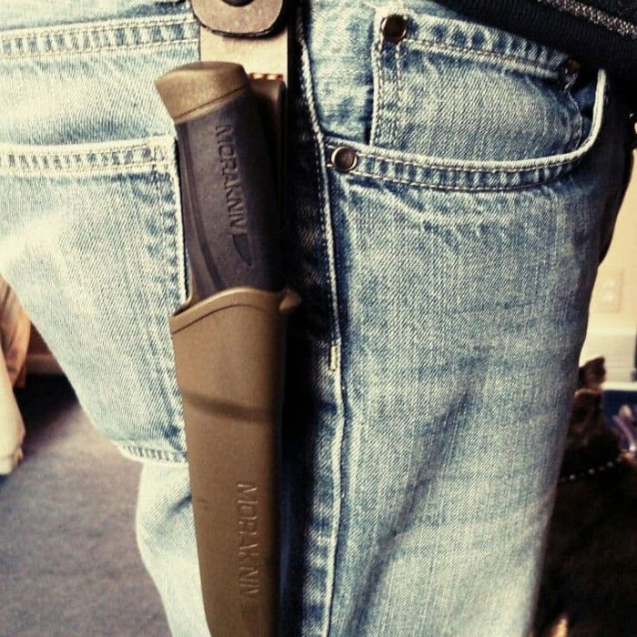 Morakniv Companion Heavy Duty OD Green fixed blade knife in sheath on belt, custom kit builds, A Way Through the Wilderness