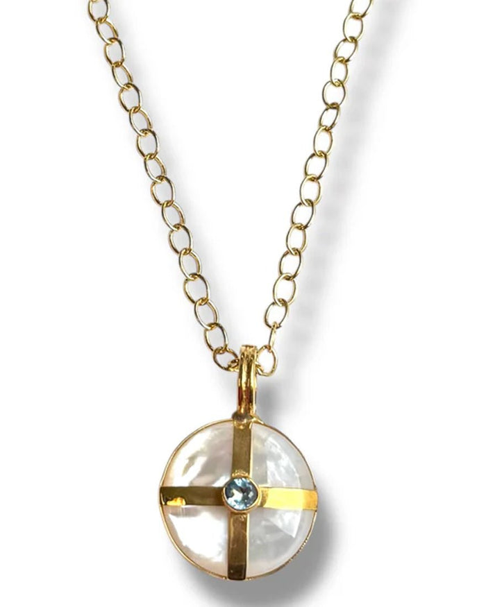 Mother Of Pearl Necklace - Blue Topaz Cross