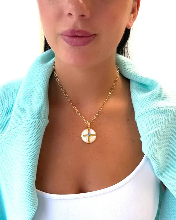 Mother Of Pearl Necklace - Blue Topaz Cross