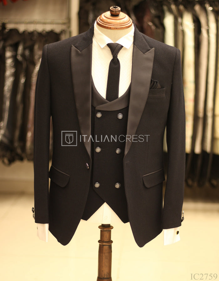 Navy Blue Jacquard 5pc Wedding Suit