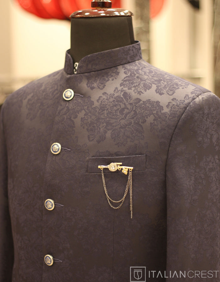 Navy Blue Jacquard Jodhpuri Suit