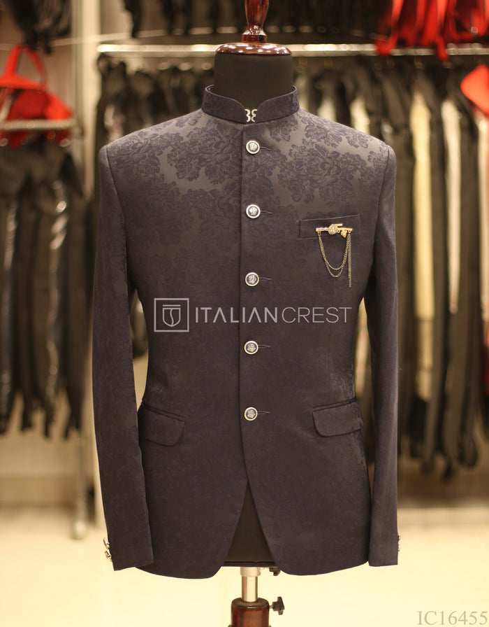 Navy Blue Jacquard Jodhpuri Suit