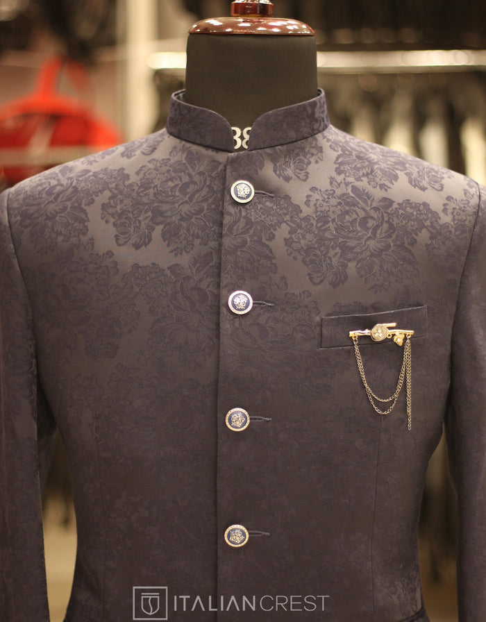 Navy Blue Jacquard Jodhpuri Suit