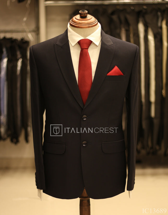 Navy Blue Wool Feel Peak Lapel Suit