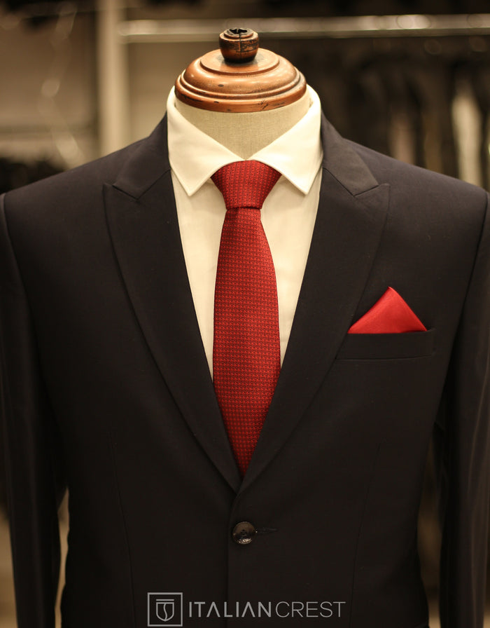 Navy Blue Wool Feel Peak Lapel Suit