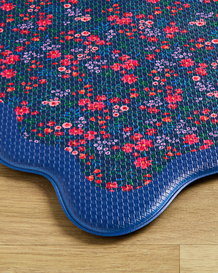 Navy Field Flowers Scallop Edge Kitchen Mat