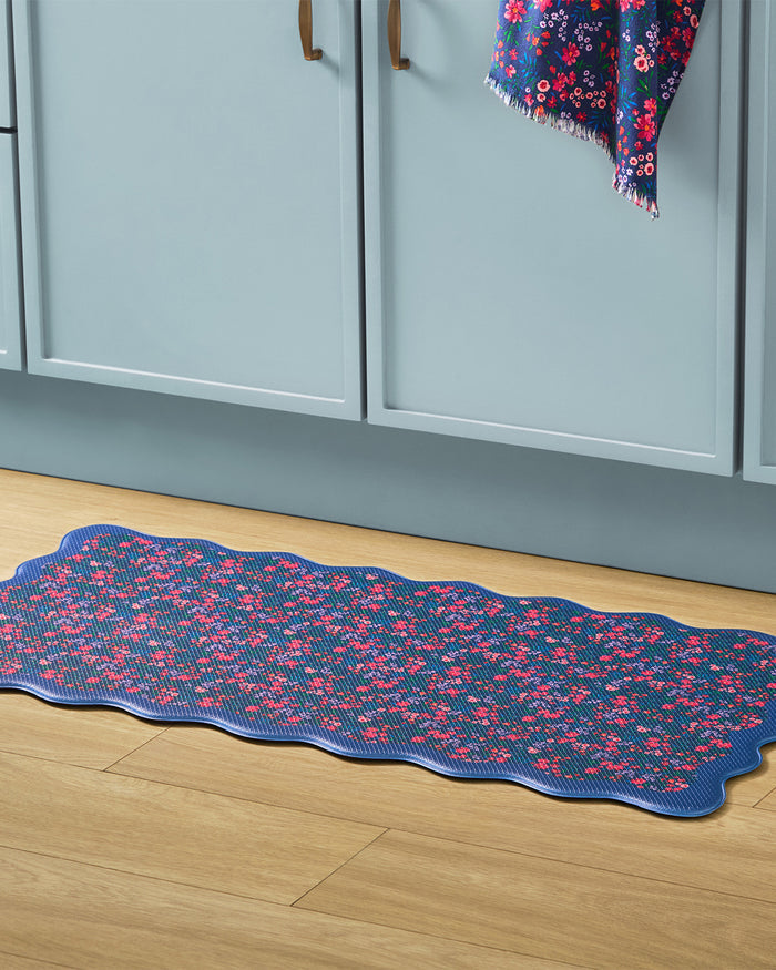 Navy Field Flowers Scallop Edge Kitchen Mat