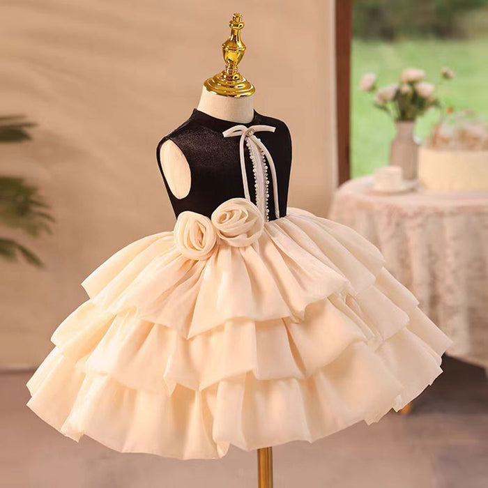 O-Neck 3D Flowers Girl Dress With Bow Sleeveless J803