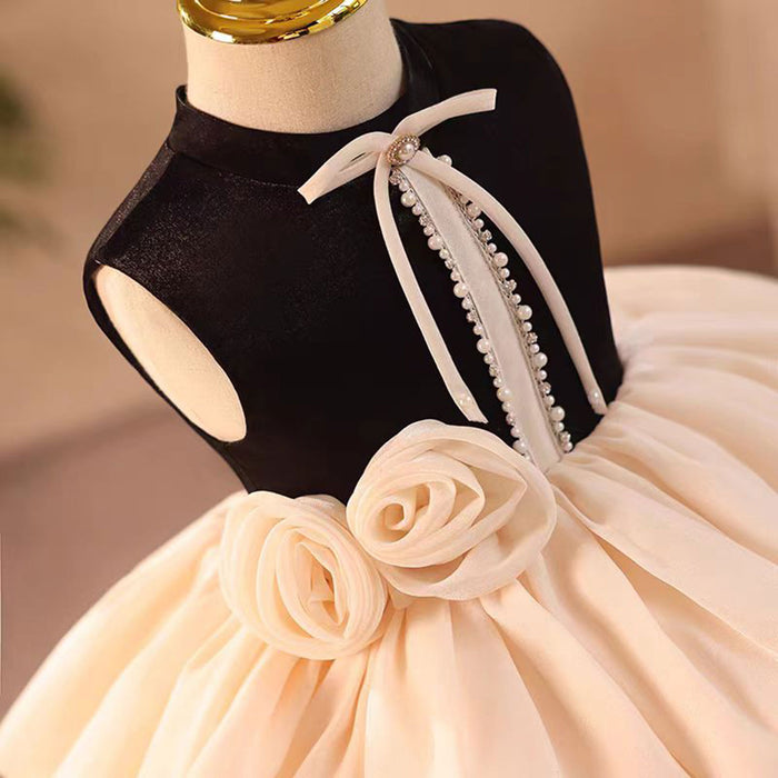 O-Neck 3D Flowers Girl Dress With Bow Sleeveless J803