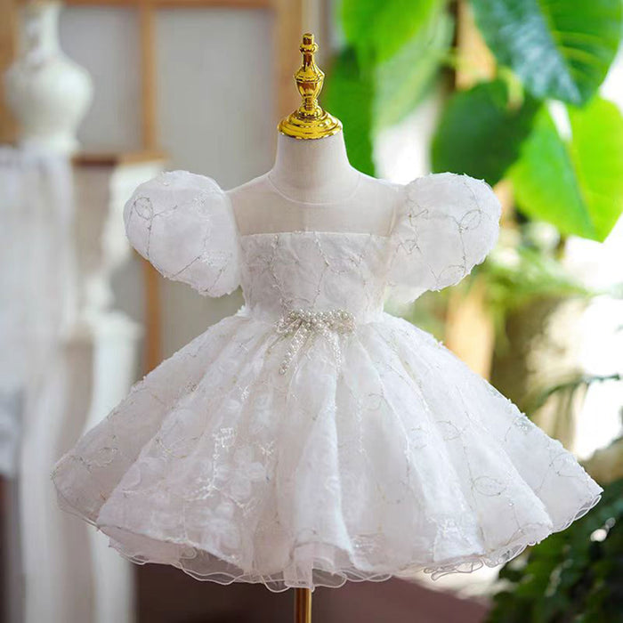 O-Neck Embroidered Lace Baby Girl Dress With Pearls J809