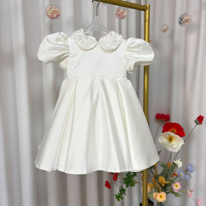 O-Neck Embroidered Satin Flower Girl Dress With Bow Knee Length J810
