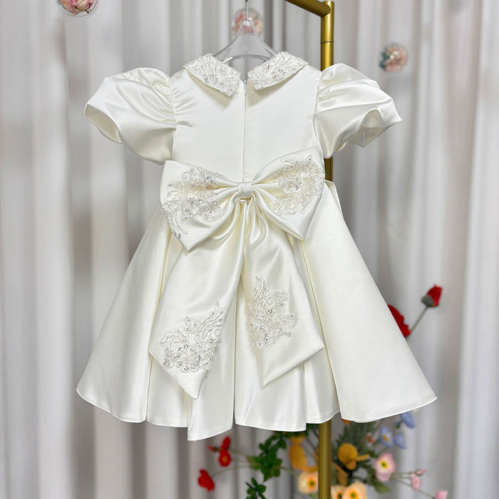 O-Neck Embroidered Satin Flower Girl Dress With Bow Knee Length J810