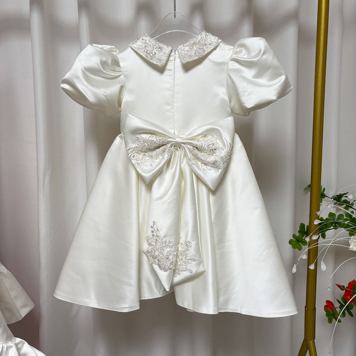 O-Neck Embroidered Satin Flower Girl Dress With Bow Knee Length J810