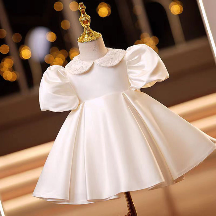 O-Neck Embroidered Satin Flower Girl Dress With Bow Knee Length J810