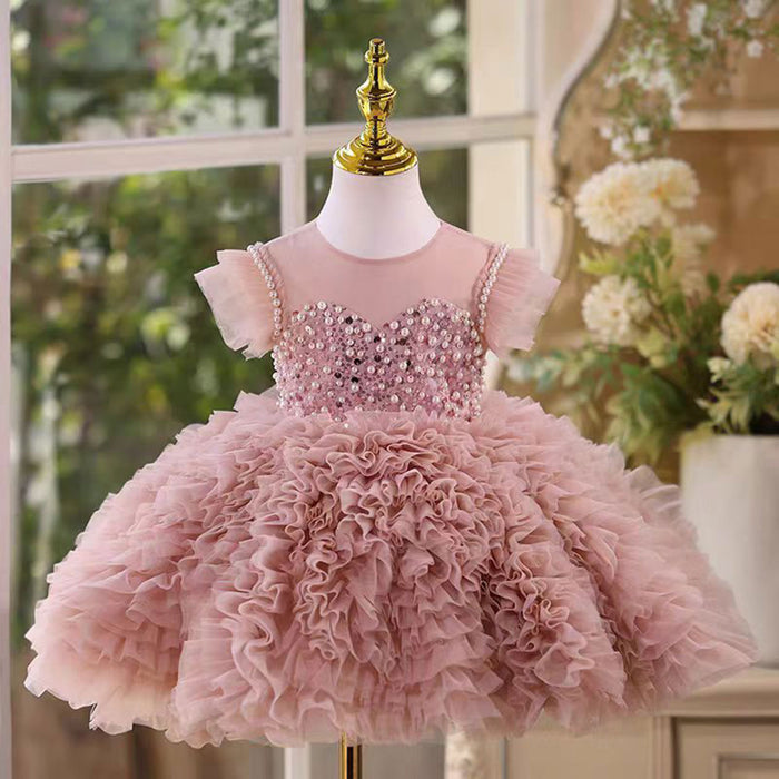 O-Neck Pearl Embellishment Tulle Pink Flower Girl Dress D011