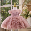 O-Neck Pearl Embellishment Tulle Pink Flower Girl Dress D011