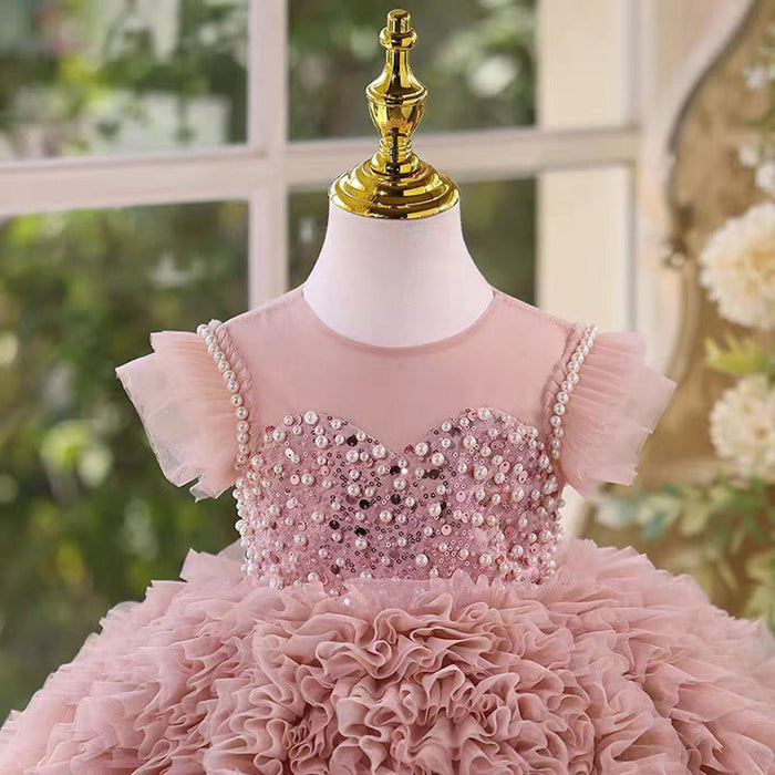 O-Neck Pearl Embellishment Tulle Pink Flower Girl Dress D011