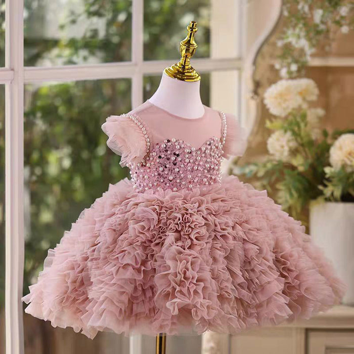 O-Neck Pearl Embellishment Tulle Pink Flower Girl Dress D011