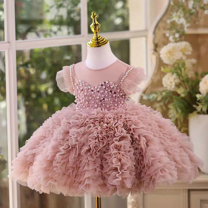 O-Neck Pearl Embellishment Tulle Pink Flower Girl Dress D011