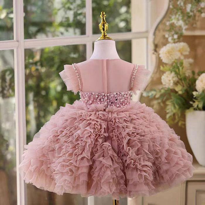 O-Neck Pearl Embellishment Tulle Pink Flower Girl Dress D011