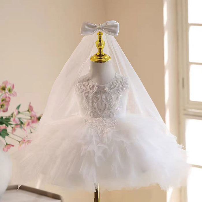 O-Neckline Tulle Flower Girl Dress With Veil Sleeveless J856