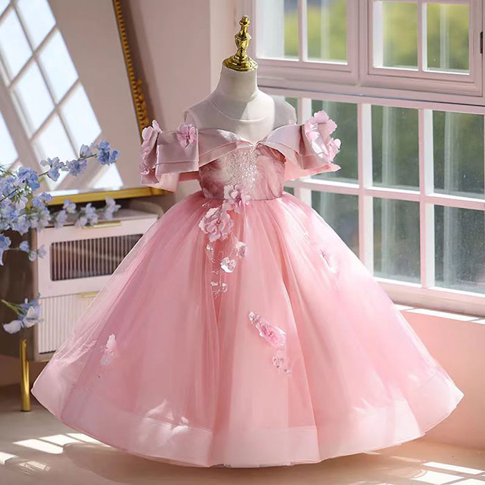 Off-Shoulder Applique Tulle Flower Girl Dress Princess D048