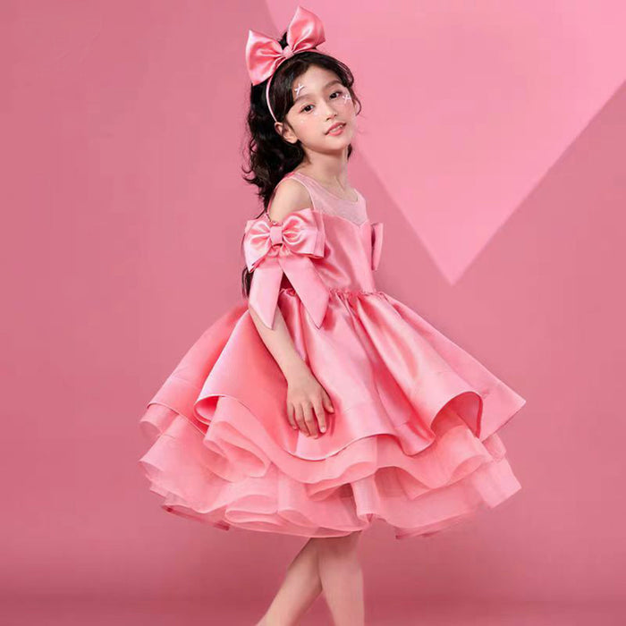 Off-Shoulder Bowed Satin Tiered Flower Girl Dress Pink J552