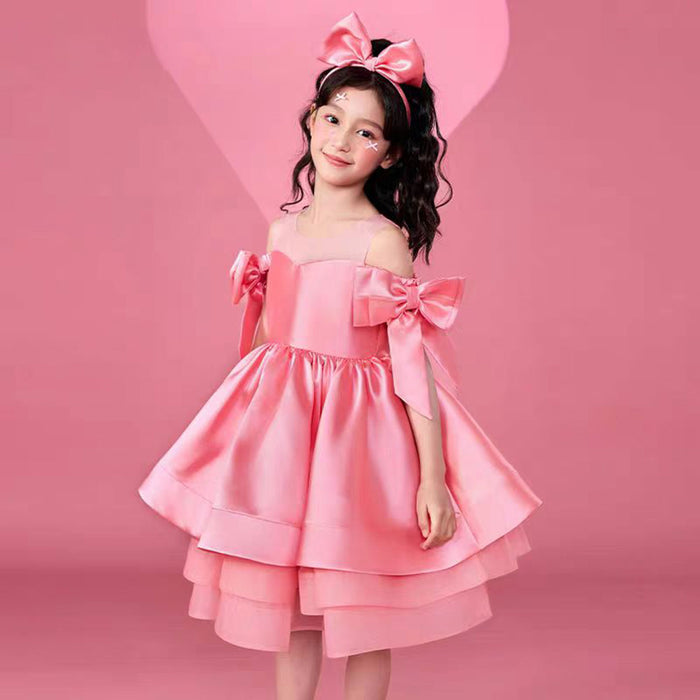 Off-Shoulder Bowed Satin Tiered Flower Girl Dress Pink J552