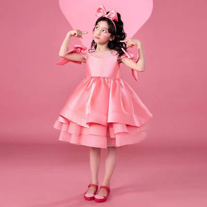 Off-Shoulder Bowed Satin Tiered Flower Girl Dress Pink J552