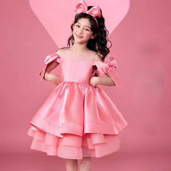 Off-Shoulder Bowed Satin Tiered Flower Girl Dress Pink J552