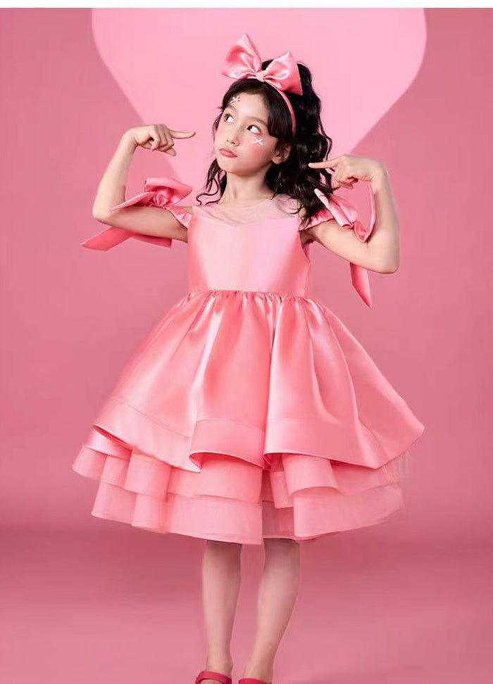 Off-Shoulder Bowed Satin Tiered Flower Girl Dress Pink J552