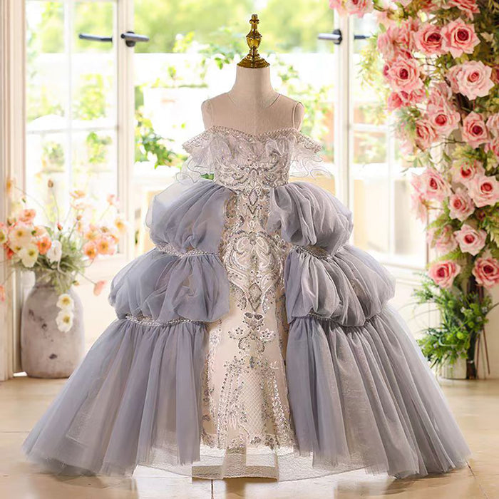 Off Shoulder Luxury Pearled Ruffle Flower Girl Princess Dress D073