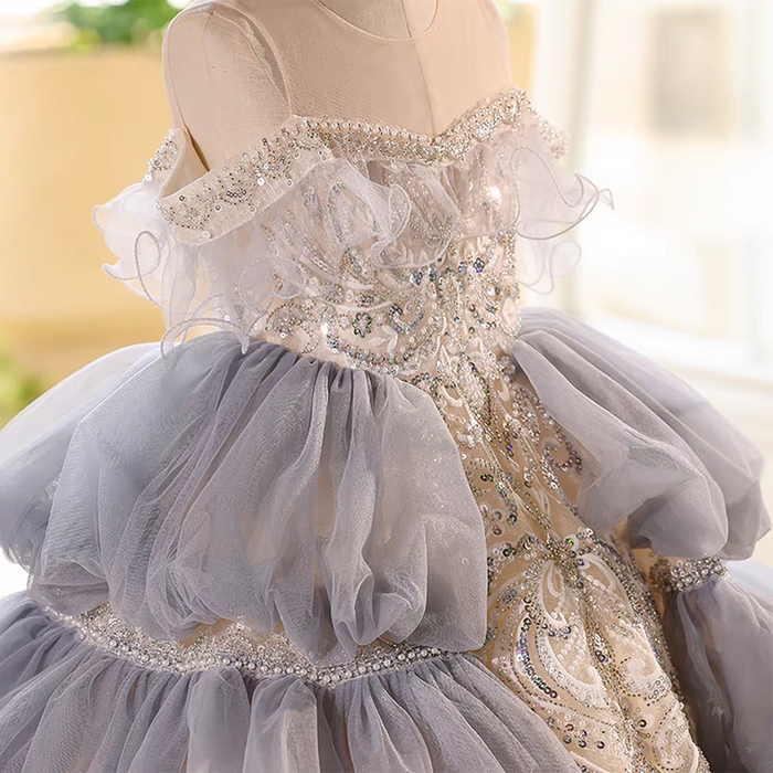 Off Shoulder Luxury Pearled Ruffle Flower Girl Princess Dress D073