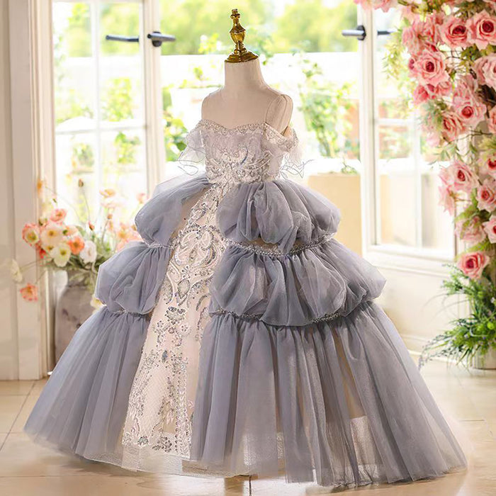Off Shoulder Luxury Pearled Ruffle Flower Girl Princess Dress D073