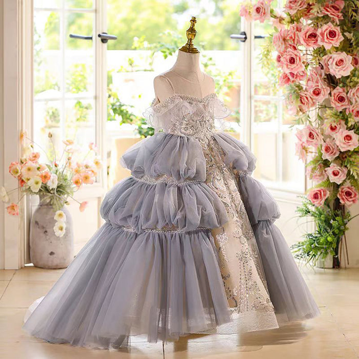 Off Shoulder Luxury Pearled Ruffle Flower Girl Princess Dress D073