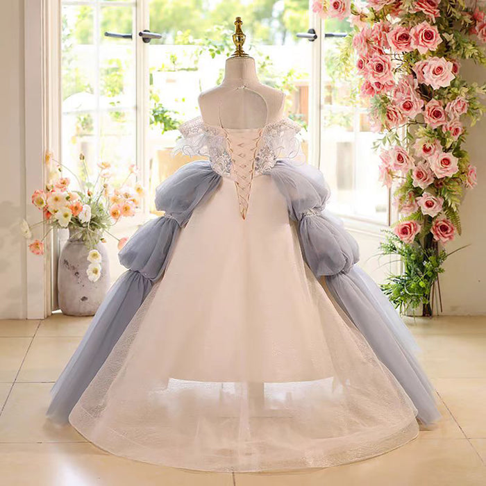 Off Shoulder Luxury Pearled Ruffle Flower Girl Princess Dress D073