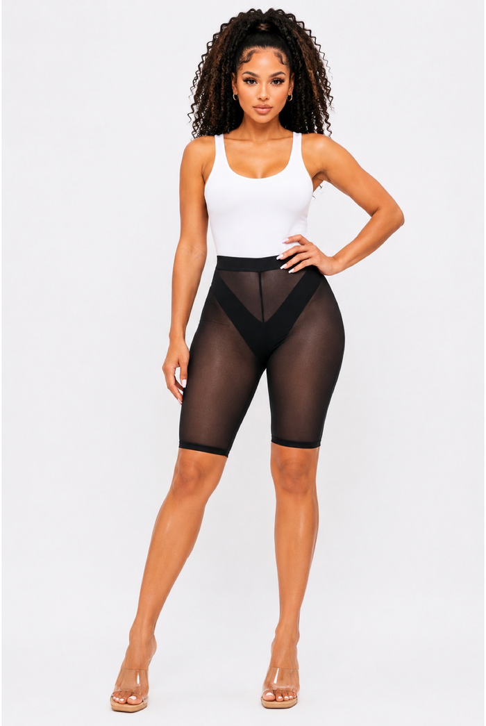 On One – Stretch Mesh Biker Shorts with Sheer Detail