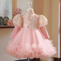 Pearled Tulle Pink Flower Girl Dress Long Sleeves D032