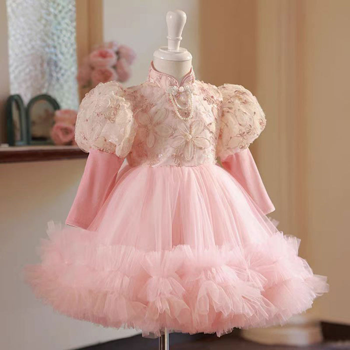 Pearled Tulle Pink Flower Girl Dress Long Sleeves D032
