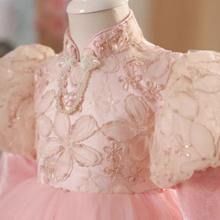 Pearled Tulle Pink Flower Girl Dress Long Sleeves D032