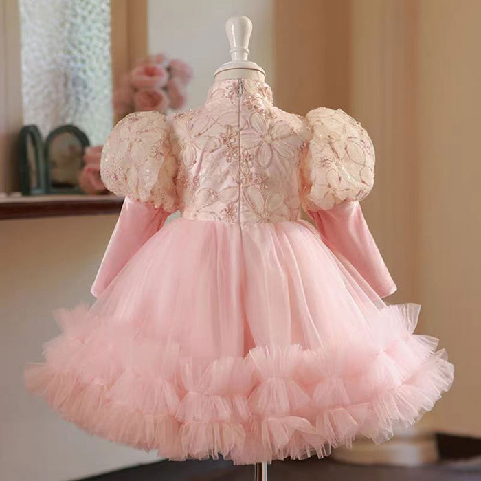 Pearled Tulle Pink Flower Girl Dress Long Sleeves D032