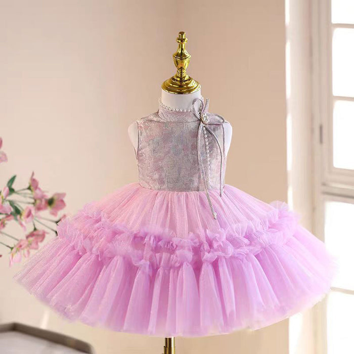 Pink style-Neck Beading Tulle Girl Dress Sleeveless J857