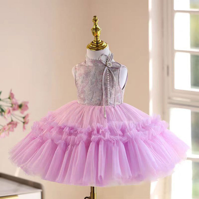 Pink style-Neck Beading Tulle Girl Dress Sleeveless J857